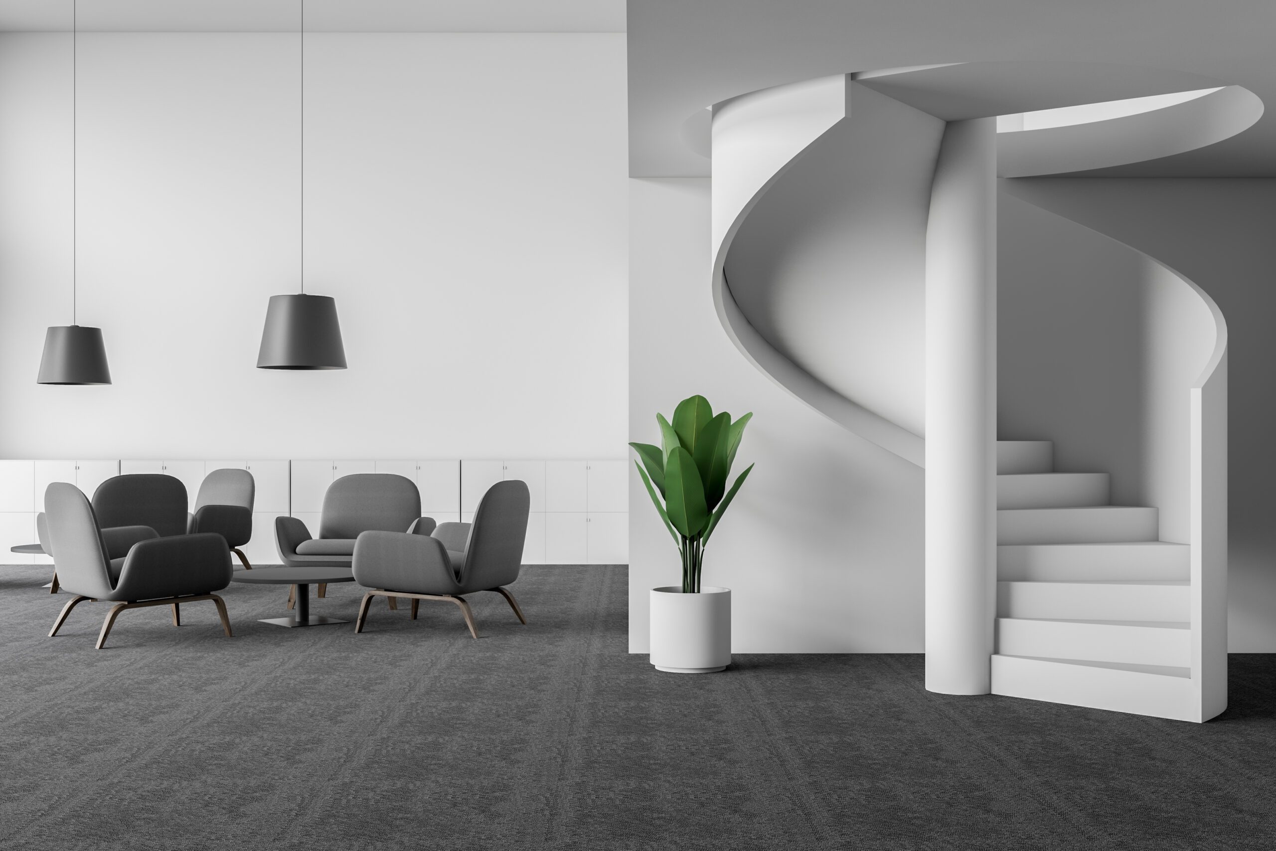 Office lounge area with armchairs and stairs Interior of office lounge area with white walls, carpeted floor, gray armchairs standing near round coffee tables and stylish staircase. 3d rendering